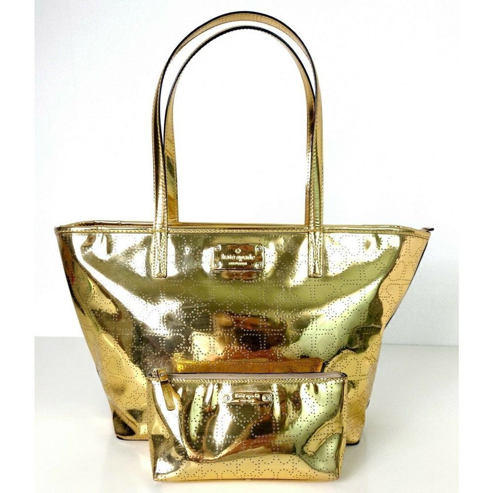 KATE SPADE NY PERFORATED GOLD LARGE TOTE SHOULDER BAG HANDBAG + MAKE UP POUCH